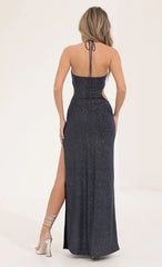 Glitter Tummy Cutout Maxi Dress In Navy