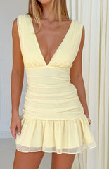 Brandie Yellow Ruched V Neck Mini Dress
