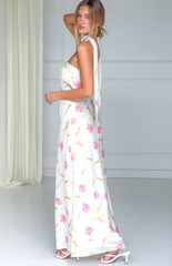 Icelynn Cream Floral Print Strapless Satin Maxi Dress