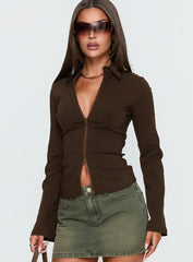 Aviela Zip Up Long Sleeve Top Brown