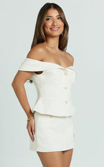 Aleena Top - Boucle Off Shoulder Button Detail Top in Cream