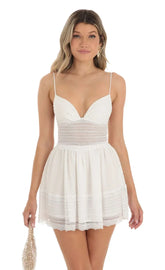 Dotted Chiffon Dress With Lace Inserts In White