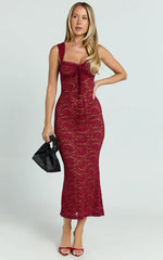 Collette Midi Dress - Ruched Bust Wide Strap Detail Lace Midi Dress in Wine