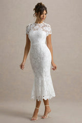 Clarissa | White Lace Short-Sleeve Pleated Midi Dress