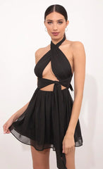 Halter Dress In Black Crinkle Chiffon