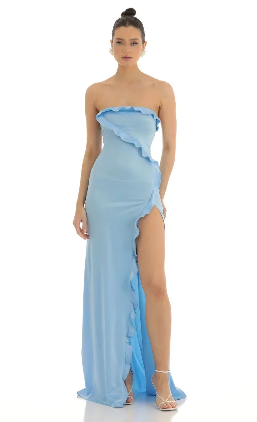 Strapless Satin Maxi Dress In Blue