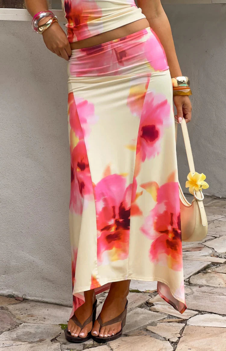 Alora Yellow and Pink Floral Print Hanky Hem Maxi Skirt