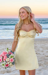 Connie Yellow Flower Detail Satin Party Mini Dress