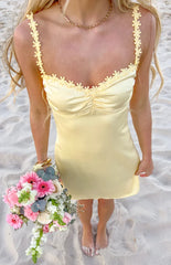 Connie Yellow Flower Detail Satin Party Mini Dress