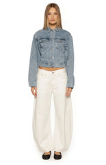 Elana Mid Wash Cinched Waist Denim Jacket