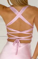 Jazzy Pink Contrast Rhinestone Satin Maxi Dress