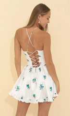 Floral Ruched Satin Dress In White