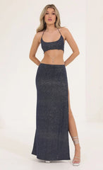 Glitter Tummy Cutout Maxi Dress In Navy