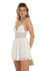 Dotted Chiffon Dress With Lace Inserts In White