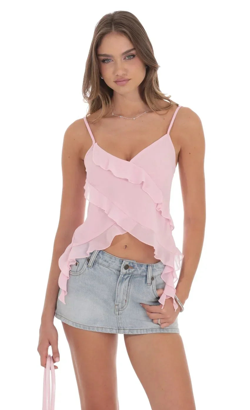 Ruffle Tassel Top In Pink